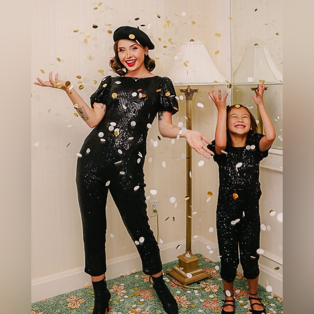 Ivy City Co Girls‎ Roxy Black Sequin Puff Sleeve Jumpsuit Size 11/12